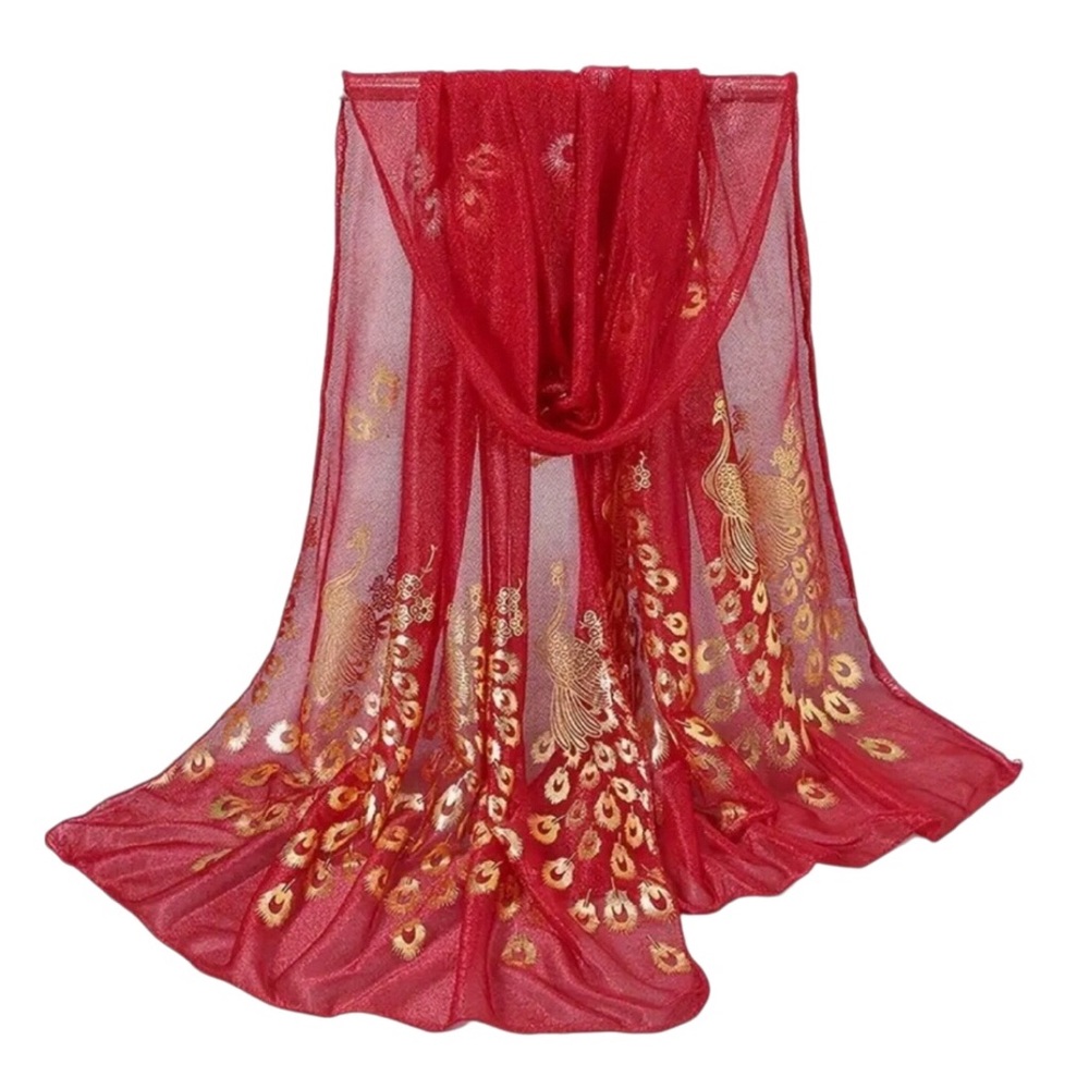 Golden Red Peacock Sheer Long Rectangular Scarf